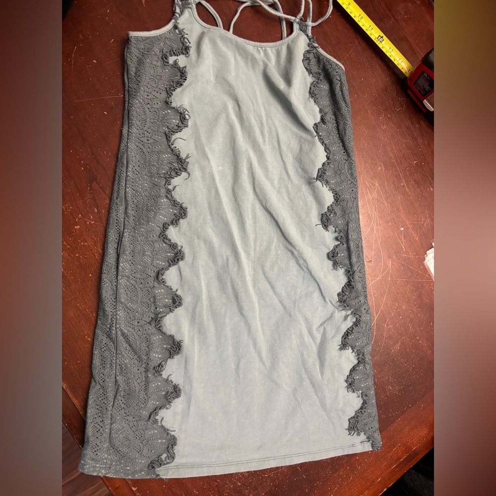 Free people tank raw hem sage green blue bodycon layering piece s 16” ptp y2k